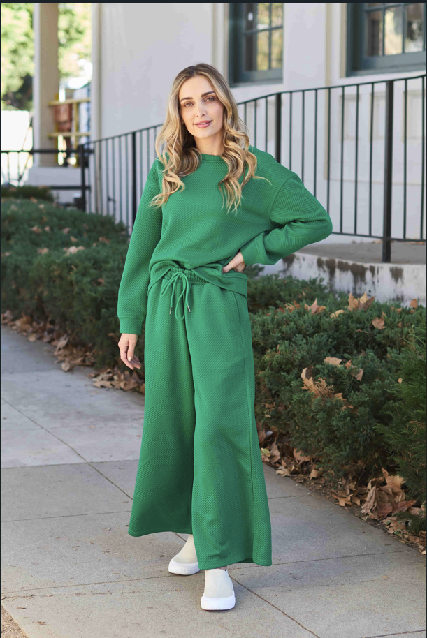 Double Take Full Size Textured Long Sleeve Top and Drawstring Pants Set