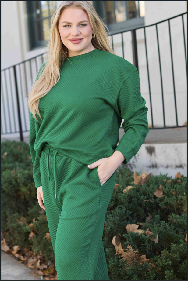 Double Take Full Size Textured Long Sleeve Top and Drawstring Pants Set