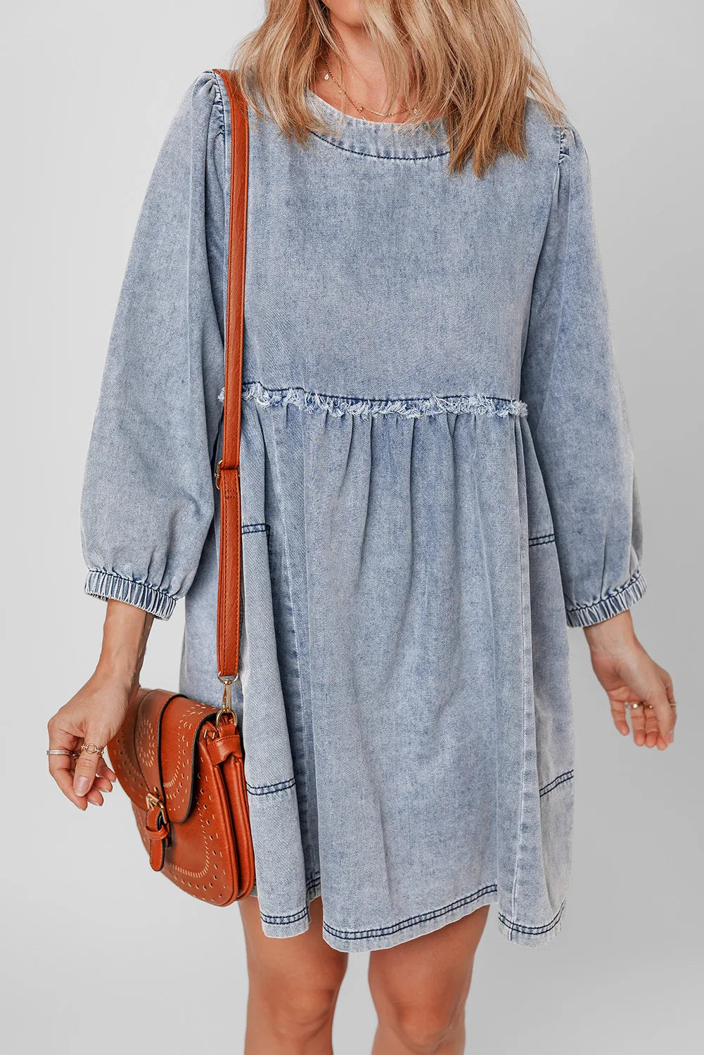 Round Neck Long Sleeve Denim Dress