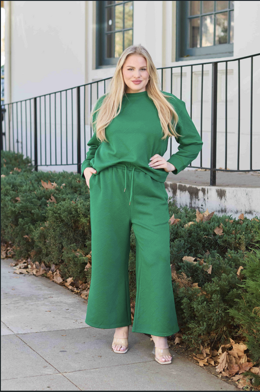 Double Take Full Size Textured Long Sleeve Top and Drawstring Pants Set