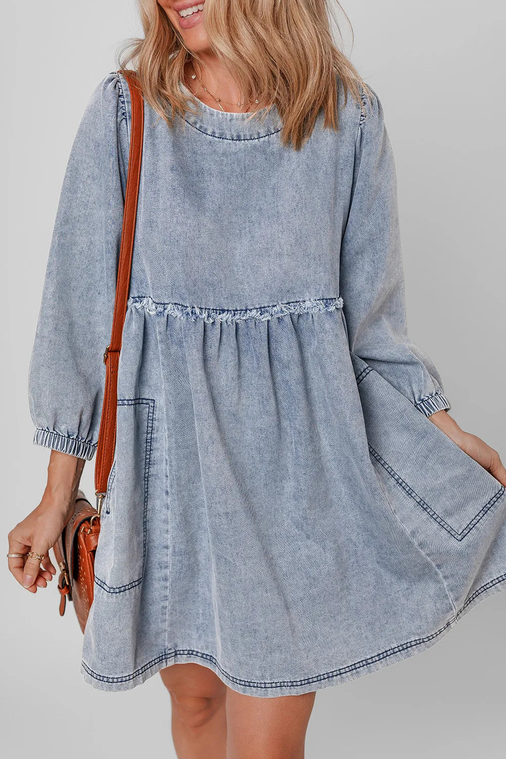 Round Neck Long Sleeve Denim Dress