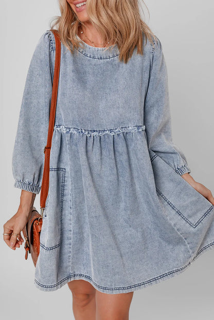 Round Neck Long Sleeve Denim Dress