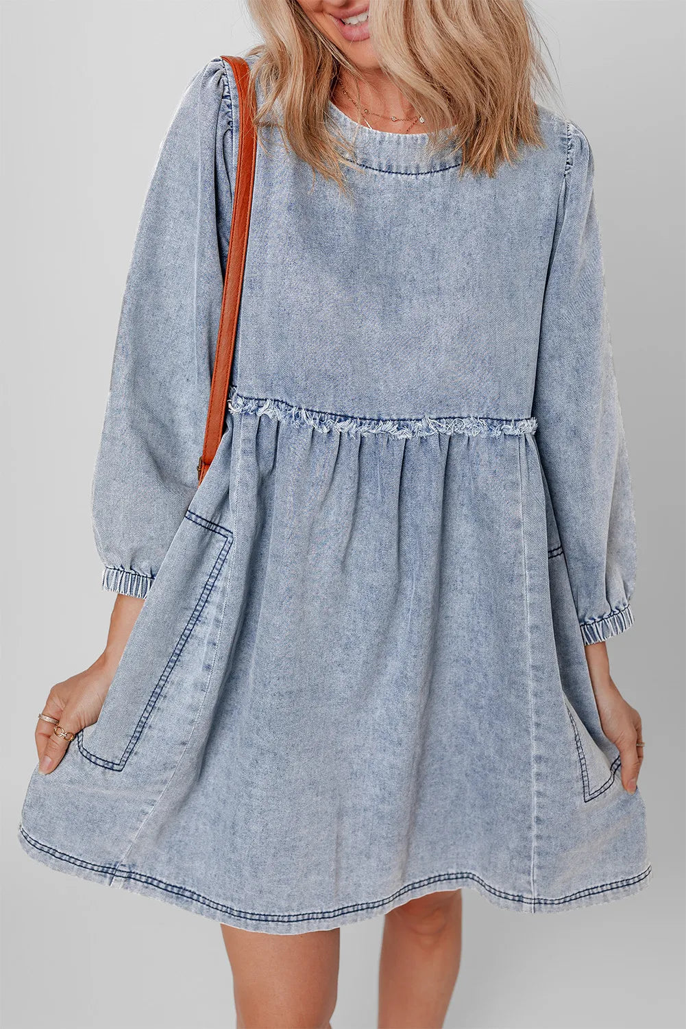 Round Neck Long Sleeve Denim Dress