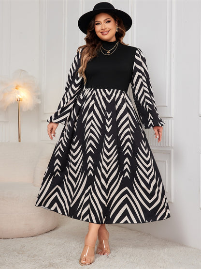 Honey Plus Size Printed Mock Neck Long Sleeve Midi Dress